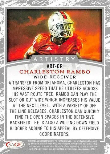 Original gloss Charleston Rambo football card from 2022 Sage Low Series Artistry Black
