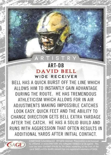 David Bell football card in 2022 Sage Low Series Artistry Black with original gloss