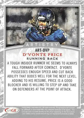 Football player trading card from 2022 Sage Low Series Artistry Black original gloss featuring D’Vonte Price