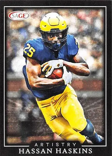 Football card featuring Hassan Haskins from 2022 Sage Low Series Artistry Black with original gloss