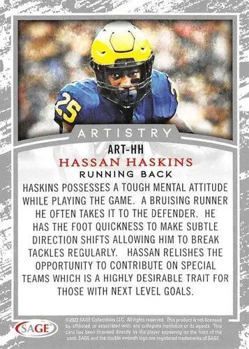 Hassan Haskins football card from 2022 Sage Low Series Artistry Black with original gloss