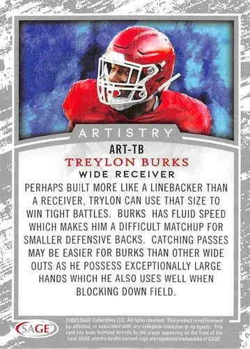 Original gloss Treylon Burks football card from 2022 Sage Low Series Artistry Black