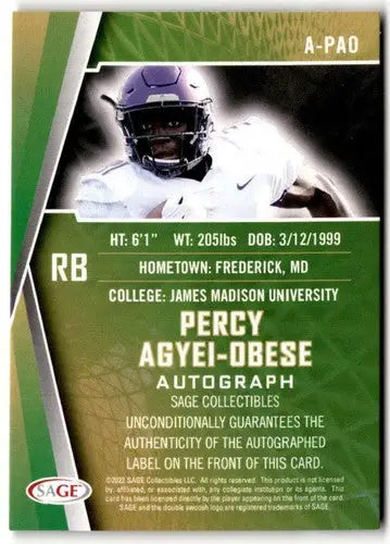 2022 Sage Low Series Autograph Black #A-PAO Percy Agyei-Obese NM-MT Auto - Football Card Single