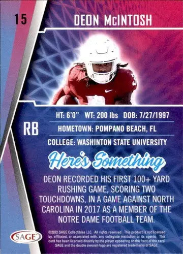 2022 Sage Low Series Silver #15 Deon Mcintosh NM-MT ID:41420 - Football Card Single