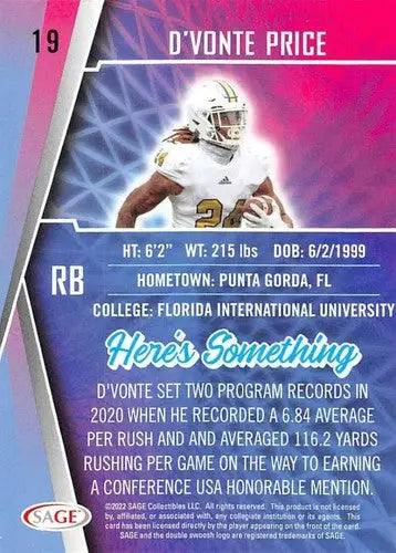 Original gloss collectible football card featuring D’Vonte Price from Simply Sandoval cards typically sell
