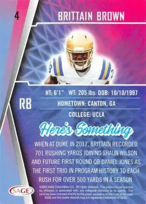 Brittain Brown football card from 2022 Sage Low Series Silver with original gloss