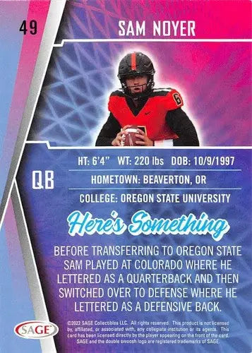 2022 Sage Low Series Silver #49 Sam Noyer NM-MT ID:41432 - Football Card Single