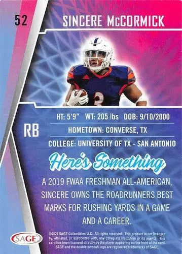 2022 Sage Low Series Silver #52 Sincere Mccormick NM-MT ID:41434 - Football Card Single