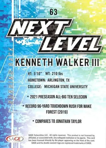 2022 Sage Low Series Silver #63 Kenneth Walker III NM-MT Next Level ID:41435 - Football Card Single