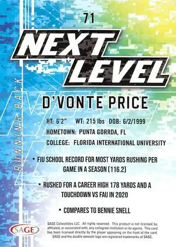 Football trading card from 2022 Sage Low Series Silver featuring Dvonte Price