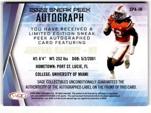 Jahfari Harvey autographed football card from Sage Low Series Simply Sandoval Original Gloss