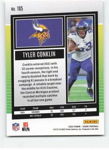 Original gloss Tyler Conklin football card 2022 Score NM-MT Vikings ID 46615