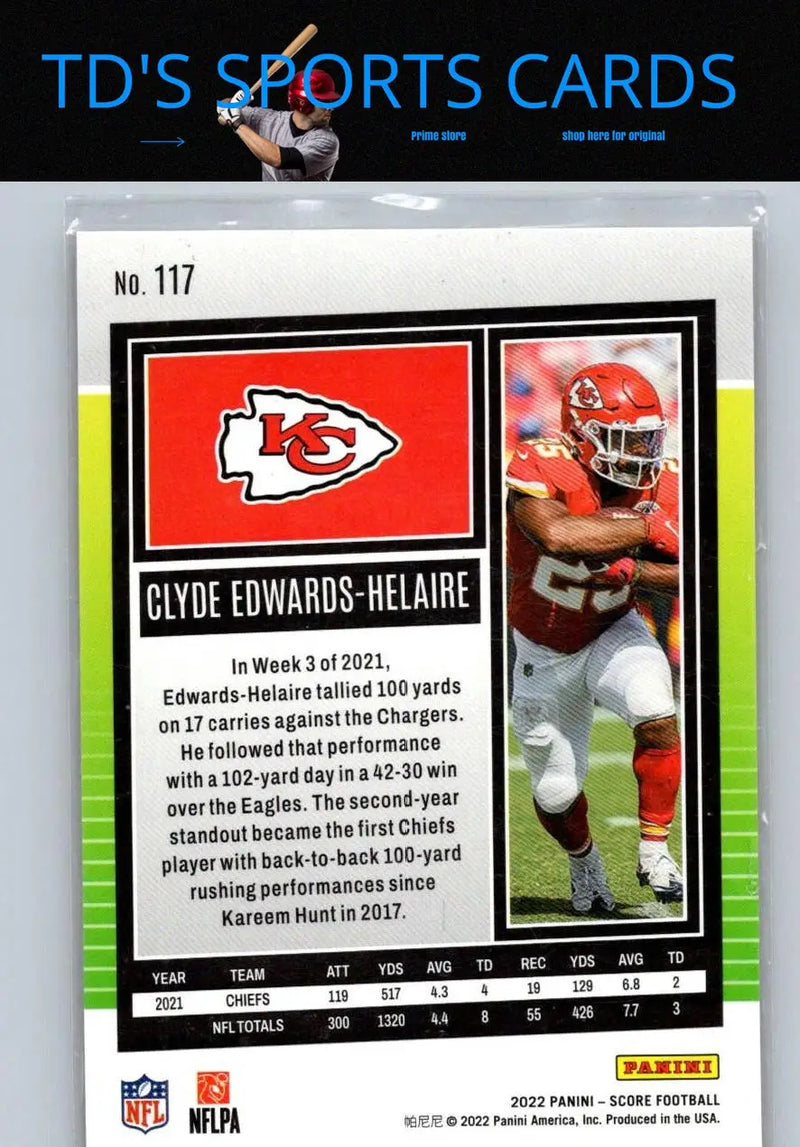 Clyde Edwards-Helaire trading card from 2022 Score Dots Red series numbered 499