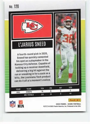 L’Jarius Sneed football card with original gloss, 2022 Score NM-MT Chiefs ID