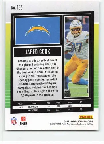 Jared Cook football card with original gloss from 2022 Score #135 LA Chargers NM-MT