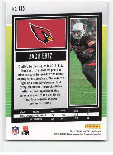 2022 Score #145 Zach Ertz NM-MT Cardinals ID:48646 - Football Card Single