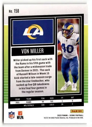 Original gloss Von Miller football card from 2022 Score #158 displayed by Simply Sandoval