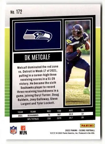 2022 Score DK Metcalf football card with original gloss in metcalf nrmt-mt condition