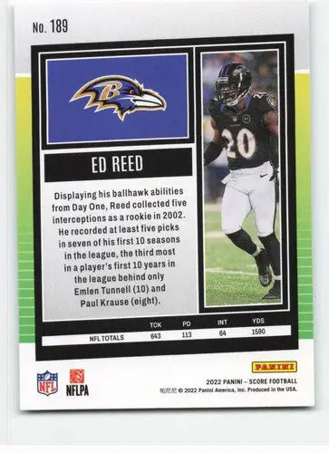 Ed Reed football card from 2022 Score set with original gloss, typically sells well