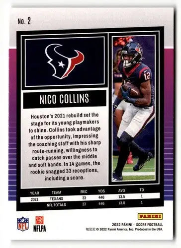 Original gloss Nico Collins football card 2022 Score NrMt-Mt ID 51038