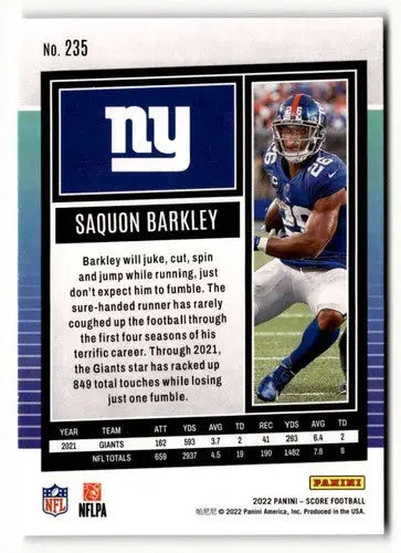Original gloss Saquon Barkley football card from 2022 Score #235 displayed by Simply Sandoval