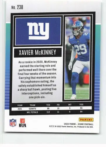 2022 Score #238 Xavier McKinney NM-MT NY Giants ID:48566 - Football Card Single