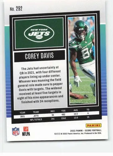 2022 Score #292 Corey Davis NM-MT NY Jets ID:48635 - Football Card Single