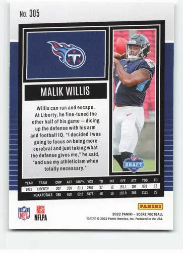 Original gloss Malik Willis football card 2022 Score NM-MT Titans RC ID:51095