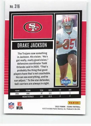 2022 Score #316 Drake Jackson NM-MT RC Rookie 49ers ID:48583 - Football Card Single