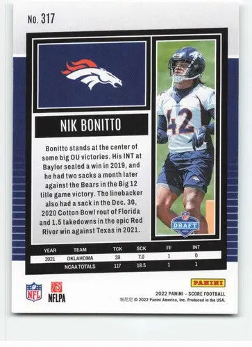 2022 Score #317 Nik Bonitto NM-MT RC Rookie Broncos ID:48589 - Football Card Single