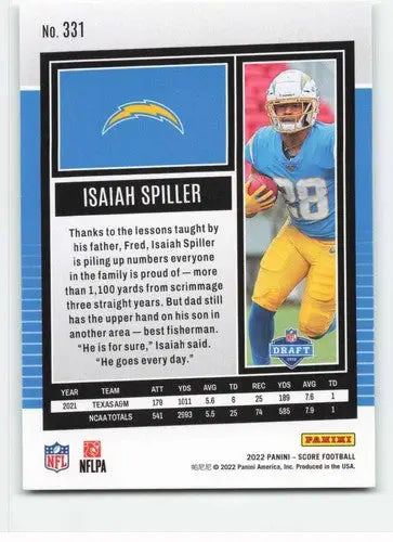 Isaiah Spiller football trading card 2022 Score #331 with original gloss NM-MT rookie