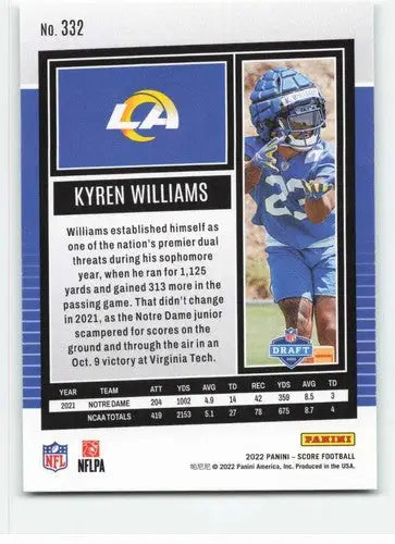 2022 Score Kyren Williams football card with original gloss, NM-MT rookie Rams