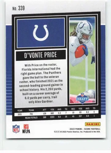 D’Vonte Price football card from 2022 Score NM-MT RC Rookie Colts with original gloss