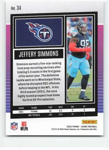 2022 Score #34 Jeffery Simmons NM-MT Titans ID:48637 - Football Card Single