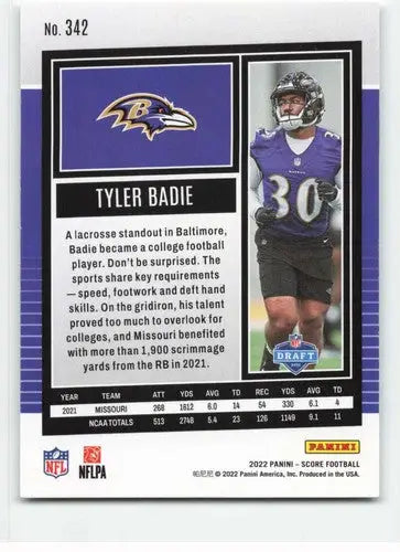 Football card featuring Tyler Badie original gloss 2022 Score NM-MT Ravens rookie