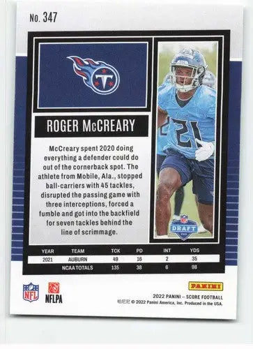 2022 Score #347 Roger McCreary NM-MT RC Rookie Titans ID:48606 - Football Card Single