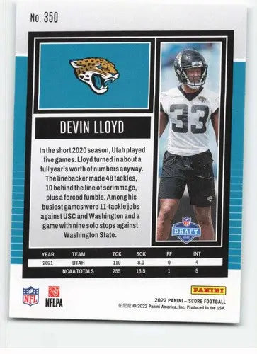 Original gloss Devin Lloyd football card from 2022 Score NM-MT Rookie Simply Sandoval