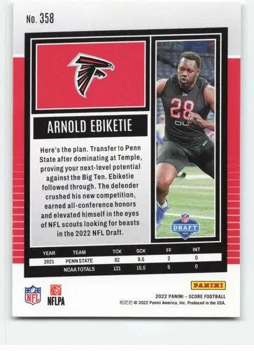 2022 Score #358 Arnold Ebiketie NM-MT RC Rookie Falcons ID:48584 - Football Card Single