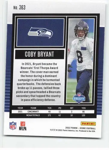 Original gloss Coby Bryant football card 2022 Score NM-MT RC Seahawks ID51094