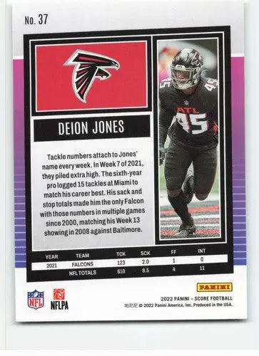 2022 Score #37 Deion Jones NM-MT Falcons ID:48627 - Football Card Single