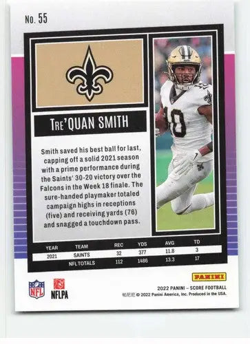 Original gloss Tre’Quan Smith NM-MT football card from 2022 Score #55 Saints