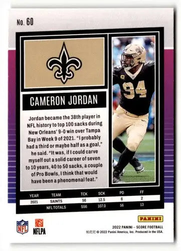 Original gloss Cameron Jordan football card 2022 Score #60 Cameron Jordan NrMt-Mt