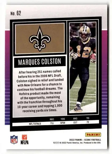 Original gloss Marques Colston football card from 2022 Score #62 displayed by Simply Sandoval