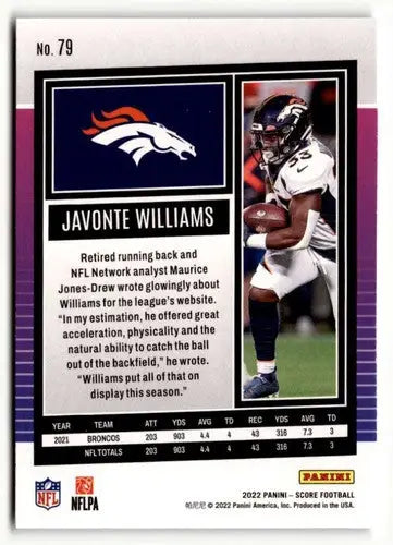 2022 Score #79 Javonte Williams NrMt-Mt ID:51005 - Football Card Single