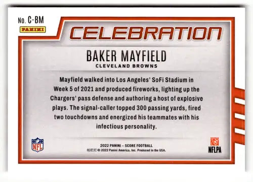 Score Celebration Baker Mayfield football card with original gloss from 2022 Score Celebration series
