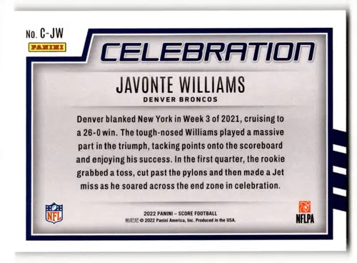 Javonte Williams football card from 2022 Score Celebration series with original gloss