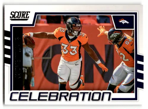 Football trading card featuring Javonte Williams from 2022 Score Celebration with original gloss