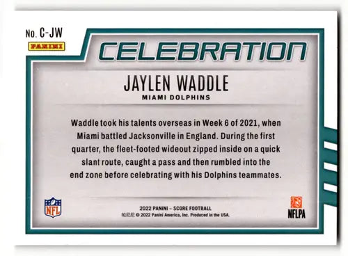 2022 Score Celebration Jaylen Waddle football card with original gloss Dolphins ID 46340