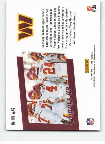 Football trading card featuring 2022 Score Huddle Up Washington Commanders with original gloss