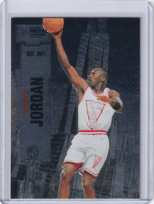 Basketball trading card of Michael Jordan in 2022 Skybox Metal with ball in hand